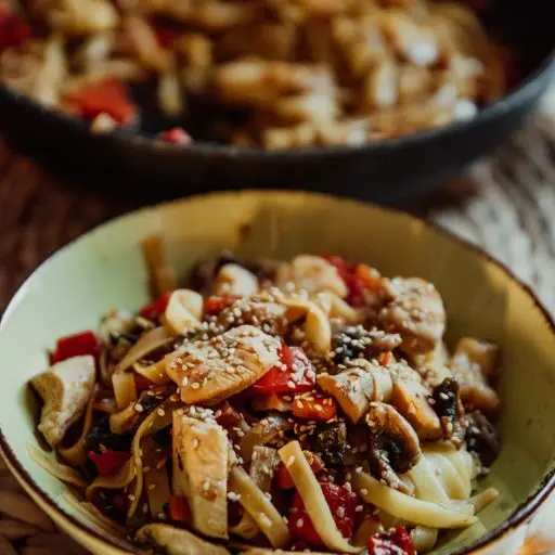 Serviervorschlag für 150. Gebratene Udon-Nudeln mit gebr. Hühnerfleisch, Gemüse, Röstzwiebeln, Sesam, Sojasprossen
