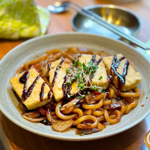 Serviervorschlag für 157. Gebratene Udon-Nudeln mit Tofu, Gemüse, Röstzwiebeln, Sesam, Sojasprossen